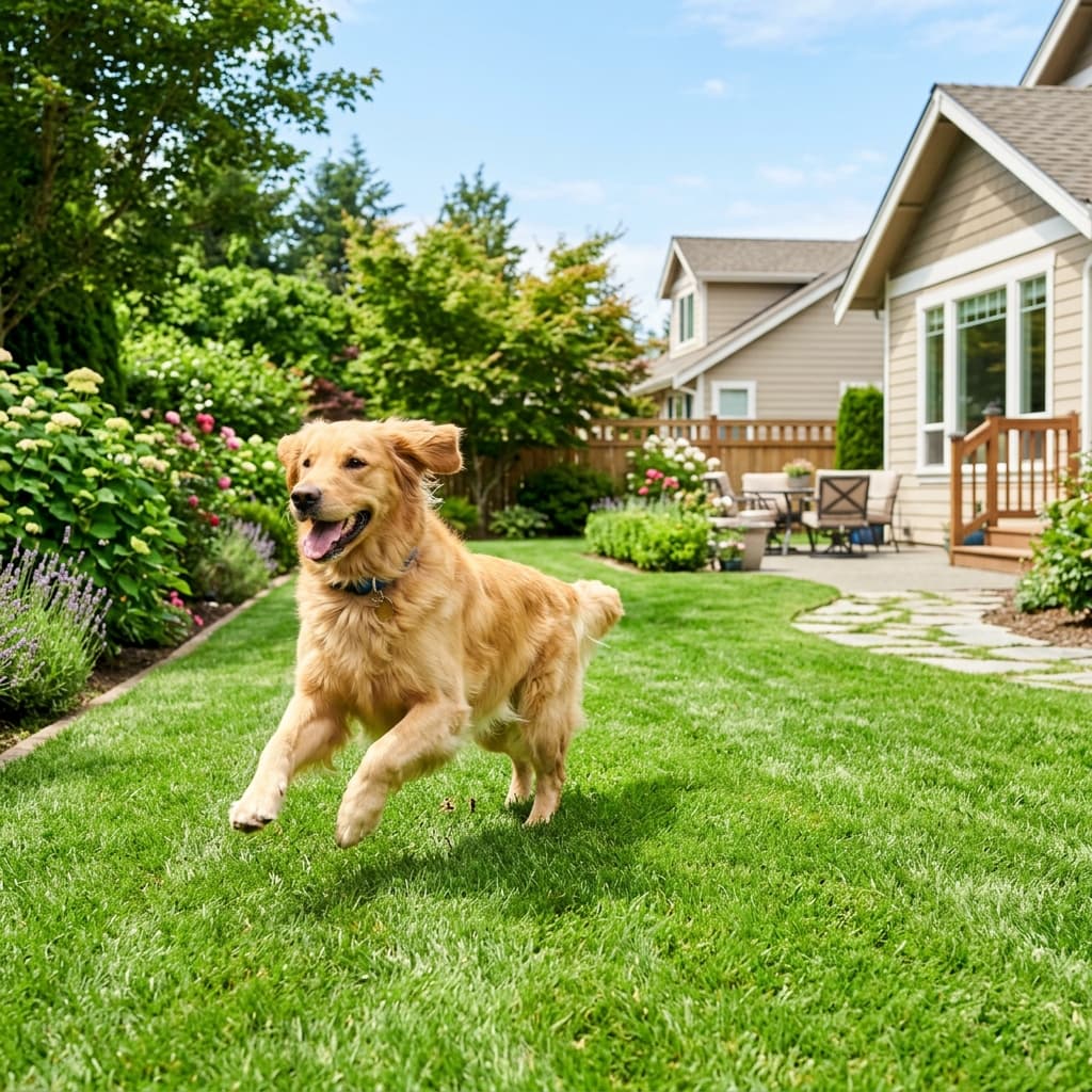 Happy golden retriever running in a perfectly clean green yard